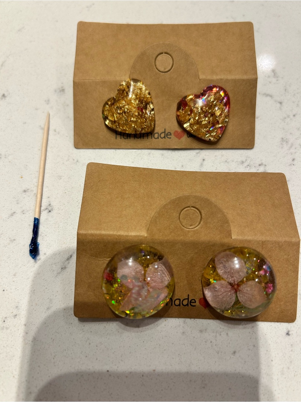 Handmade Heart and Floral Resin Earrings - Gold Accent